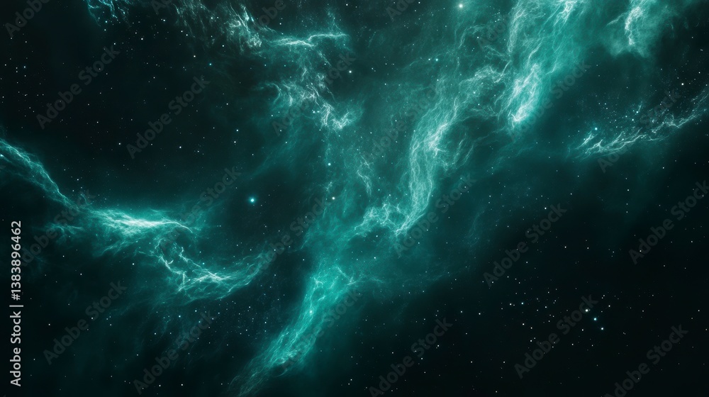 Poster teal nebula in deep space with stars.