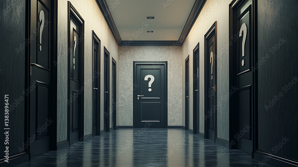 Poster A hallway with multiple doors, each marked with a question mark, symbolizing lifes choices and endless possibilities, the image evokes curiosity and the uncertainty of decision-making
