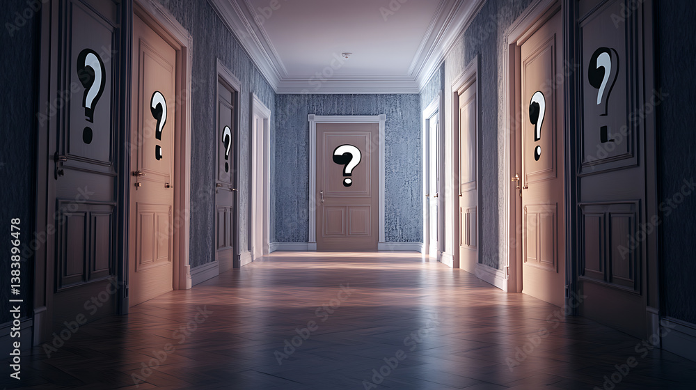 Poster A hallway with multiple doors, each marked with a question mark, symbolizing lifes choices and endless possibilities, the image evokes curiosity and the uncertainty of decision-making