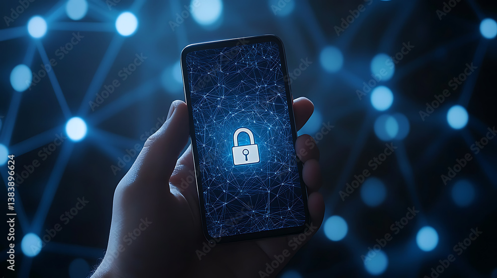 Poster a hand holding an phone with the digital padlock symbol glowing on top of it, against a background o