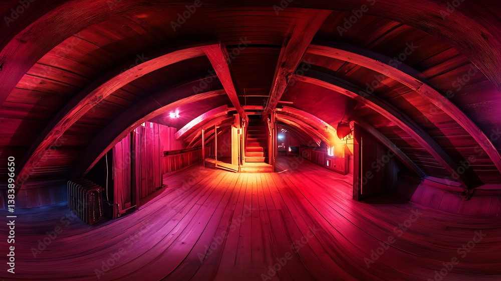 Aufkleber A haunting image of an attic, shot with a fisheye lens to create a distorted perspective