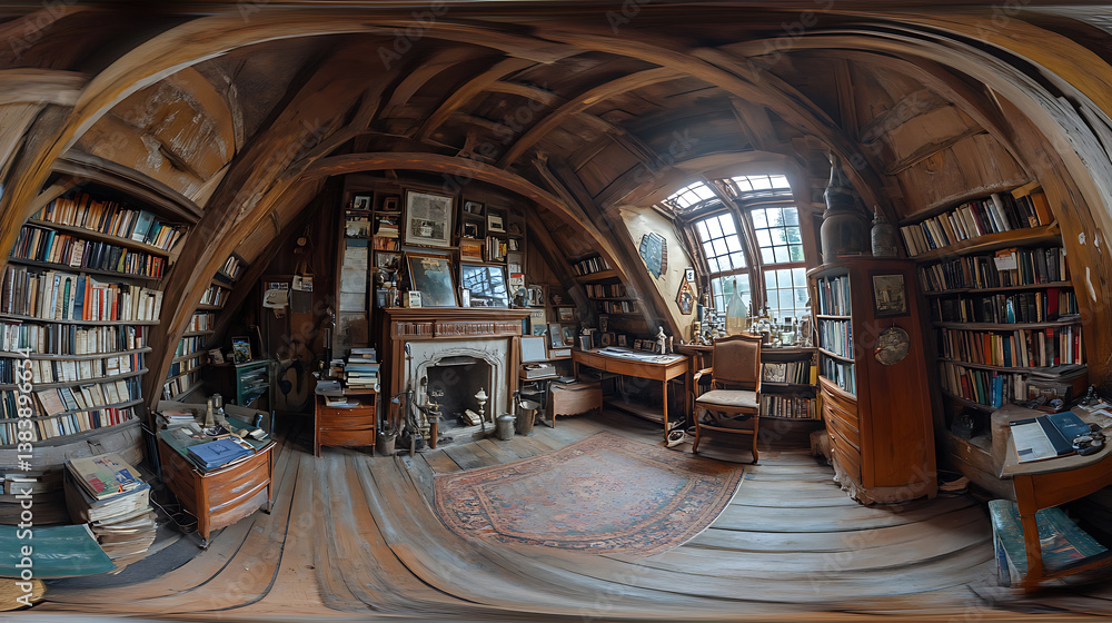 Aufkleber a haunting image of an attic, shot with a fisheye lens to create a distorted perspective