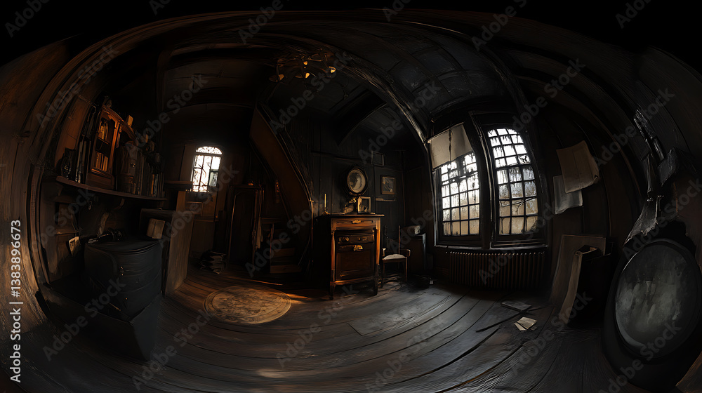 Poster A haunting image of an attic, shot with a fisheye lens to create a distorted perspective
