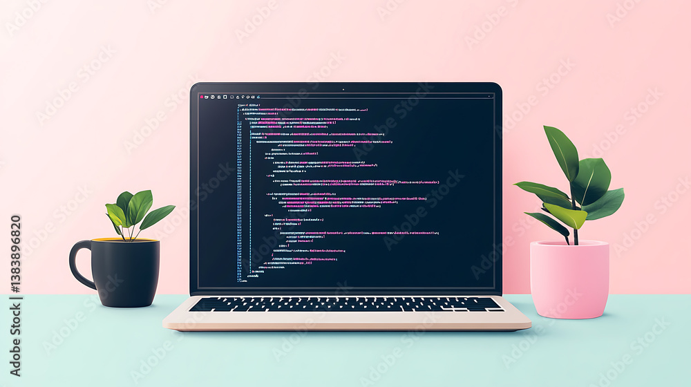 Fototapete A laptop with abstract code lines on the screen, symbolizing the concept of learning to code, ideal for educational content, tech blogs, and coding tutorials