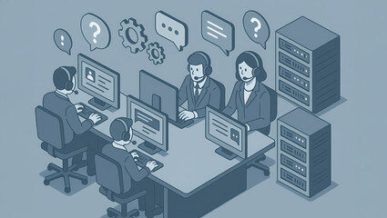 3D Isometric Tech Support Center with Agents, Chat Windows, Server Racks, and Gear Icons in Blue-Gray Tones