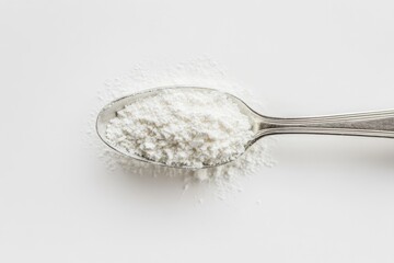 A spoonful of white flour sits on a white background, showcasing its fine texture and powdery consistency.