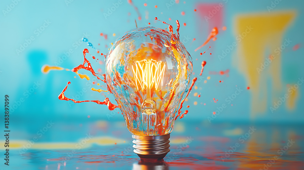 Poster a light bulb with splashes of colors on a blue background