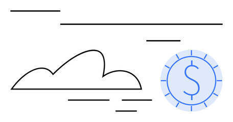 Cloud with streaming lines and dollar coin symbolizing technology, computing, economy, savings, innovation, online transactions, and digital transformation. Ideal for business, tech themes flat