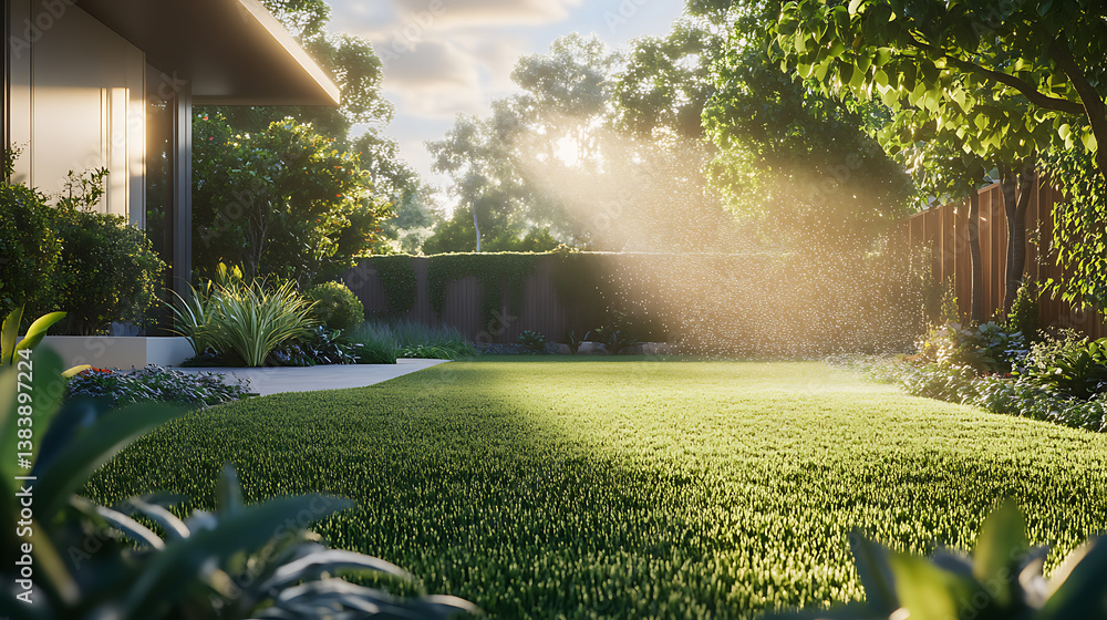 Poster a lush green lawn being watered by a modern, efficient sprinkler system, showcasing an automatic irr