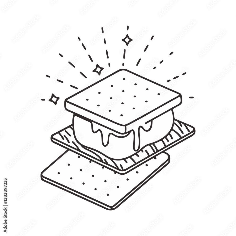 Poster outlined vector illustration of a s’more with melting marshmallow between graham crackers, accented 
