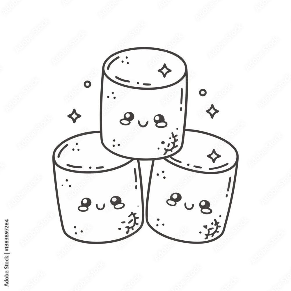 Poster stacked marshmallows with cute smiling faces and sparkles in a playful, outlined vector style.