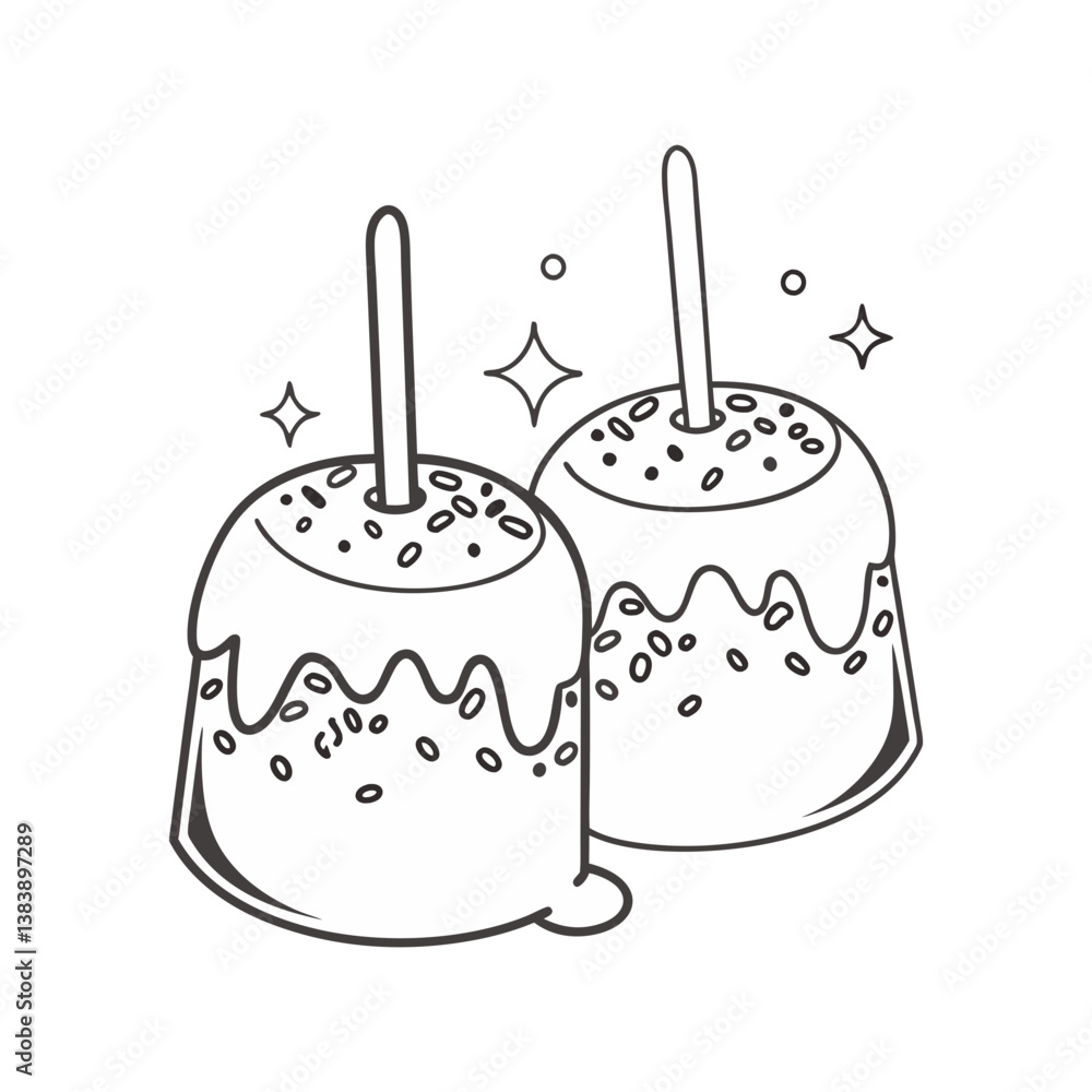Poster two candy apples with sprinkles and dripping coating in a clean, outlined vector style with sparkles