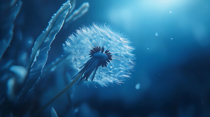 A macro dandelion with blue background, this is an expression of freedom to wish, goodbye summer, hope and dreams concept, fragility, springtime, soft focus, macro nature image