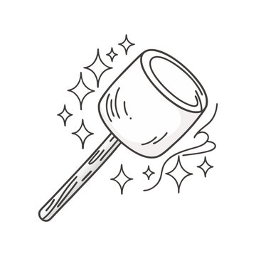 recommend clip art: Toasted marshmallow on a stick with sparkling accents in a clean, outlined vector style perfect for campfire-themed designs.