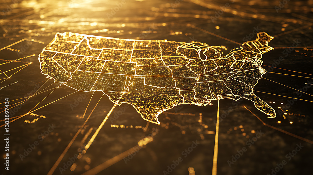 Poster a map of the united states with lines and points on it