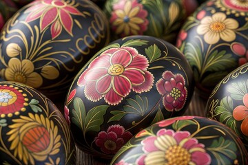 Traditional Easter Egg Art: Intricate Matryoshka Floral Designs on a Dark Background