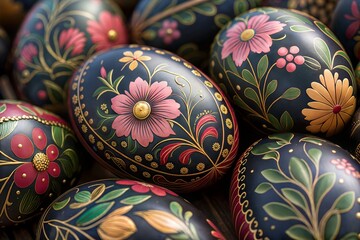Traditional Easter Egg Art: Intricate Matryoshka Floral Designs on a Dark Background