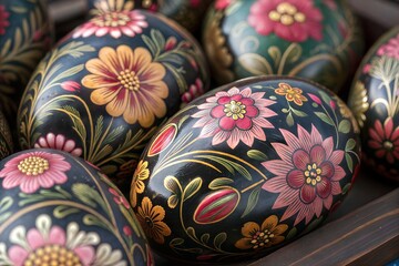 Traditional Easter Egg Art: Intricate Matryoshka Floral Designs on a Dark Background