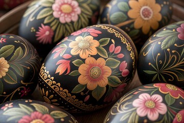 Traditional Easter Egg Art: Intricate Matryoshka Floral Designs on a Dark Background