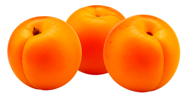 A close up shot of three ripe orange apricots arranged together on a solid black background in studio light