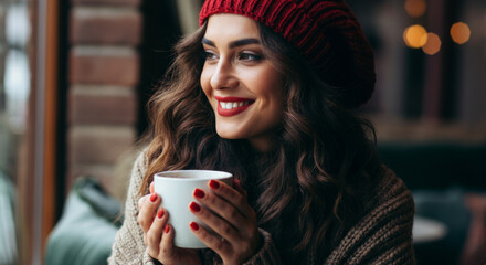 Smiling young caucasian female enjoying coffee indoors in cozy sweater and red hat