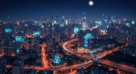 Fototapeta premium Smart City Night Lightscape - Aerial view of a futuristic city at night, illuminated with vibrant lights and interconnected networks