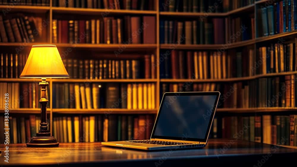 Poster laptop placed on desk in a cozy classic library setting generative ai