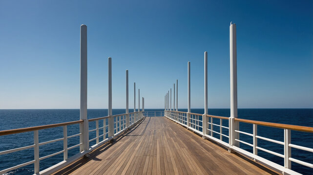 Expansive wooden pier stretching over calm ocean waters under clear blue sky