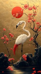 Graceful White Crane Amidst Cherry Blossoms with Glowing Red Sun

