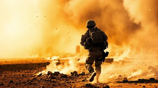 Intense combat unfolds as a soldier maneuvers through smoke and explosions. The atmosphere is tense with visible debris, showcasing the challenges and dangers faced during warfare