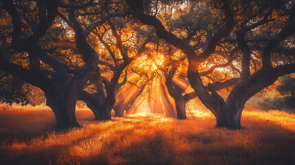 Morning sunlight shines golden through the dense oak forest, creating a peaceful dawn scene 