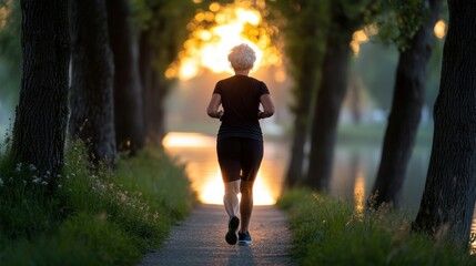 Senior Woman Jogging in Nature During Beautiful Sunset Glow