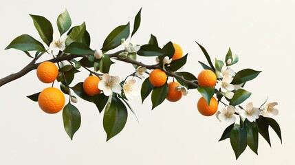 Stunning Orange Tree Branch with Blossoms and Ripe Fruit Detailed 3D Render High Resolution Vibrant Colors Lush Greenery Natural Beauty Perfect for   