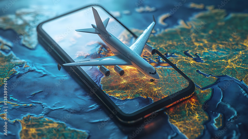 Poster A smartphone with an airplane icon on the screen, placed over a world map mobile device displaying flight information or an easy management platform for air travel