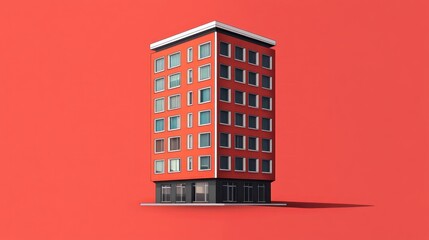 Red apartment building, city, minimal design, 3D render, architecture