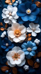Delicate Blue, White, and Orange Flowers with Intricate Petals on Blue Background

