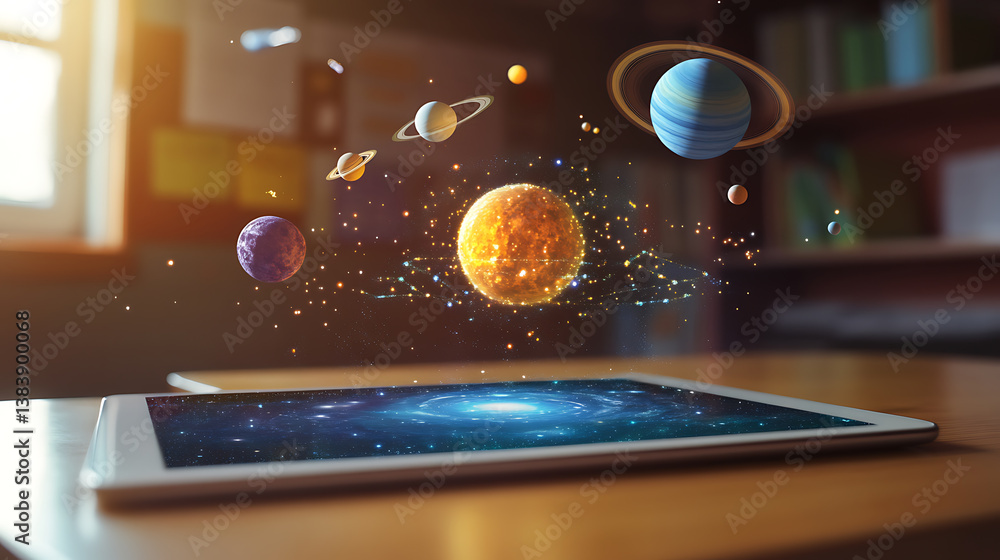 Aufkleber a tablet on a classroom desk displays an augmented reality hologram with planets and cosmos, illustr
