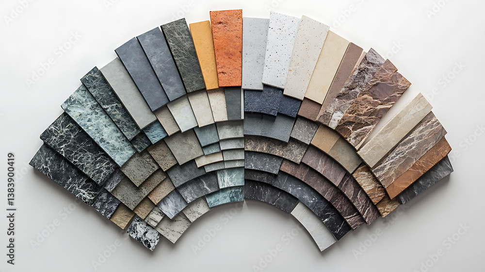 Aufkleber a variety of stone and tile samples in different colors and textures arranged in a semi-circle, show