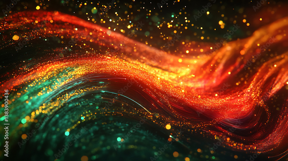 Fototapete A vibrant, abstract image featuring streaks of light and glowing particles, symbolizing speed, energy, and the dynamic flow of data in a digital universe