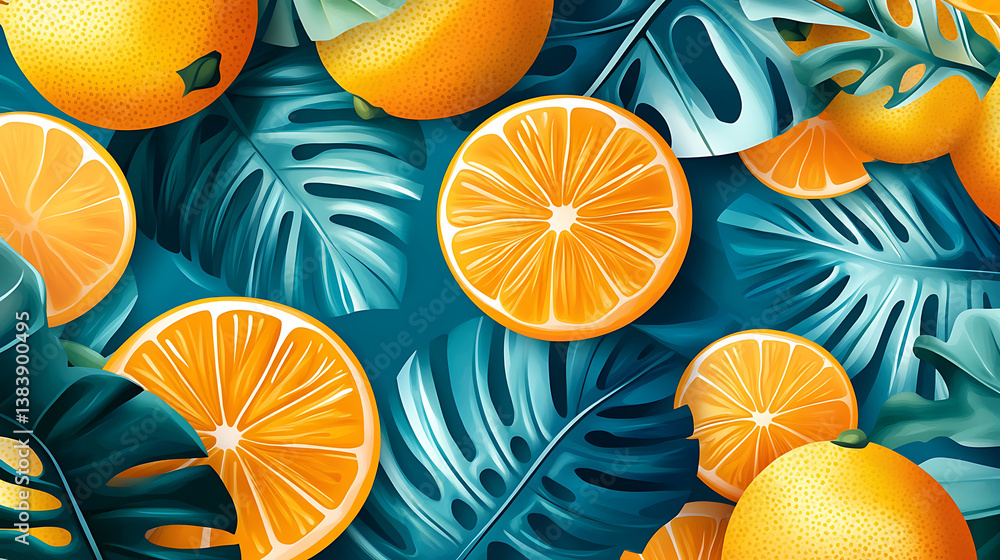 Poster a vibrant flat illustration of lemons and oranges, with tropical leaves, creating an exotic summer p