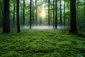 Obraz premium A forest filled with lots of green moss covered ground
