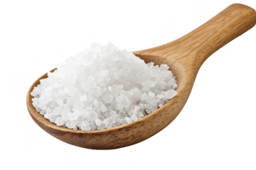 Coarse salt crystals in wooden spoon food photography minimalist style