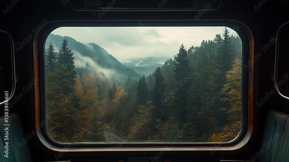 Poster a view from inside a train looking out the window, mountain and forest view
