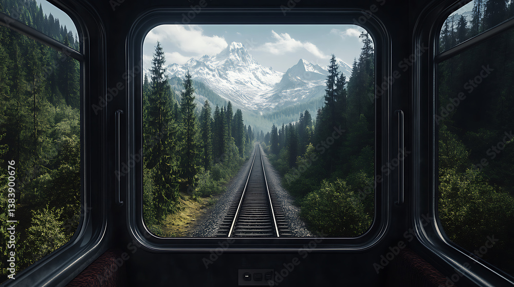 Poster a view from inside a train looking out the window, mountain and forest view