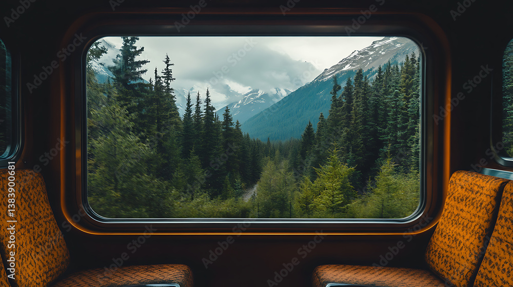 Poster a view from inside a train looking out the window, mountain and forest view