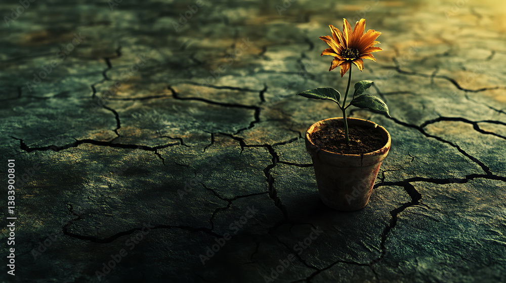 Aufkleber A visual metaphor for depression, featuring a solitary, withering flower in a pot centered on a desolate, parched floor with an intricate network of cracks spreading outwards