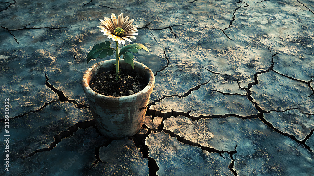 Aufkleber A visual metaphor for depression, featuring a solitary, withering flower in a pot centered on a desolate, parched floor with an intricate network of cracks spreading outwards