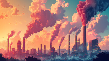 A vivid depiction of air pollution, with co2 smoke billowing out of industrial chimneys, environmental degradation and the urgent need for sustainable practices