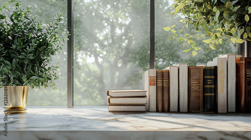 Poster a white marble counter top with books on it with a window