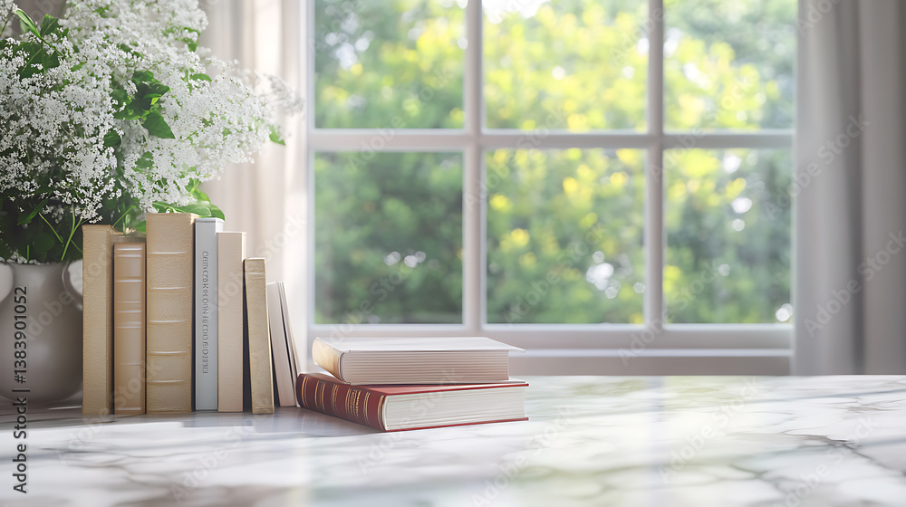 Poster a white marble counter top with books on it with a window